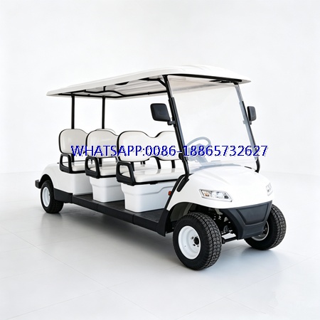 6-seat electric golf cart, 7.5 kW power, CE certified sightseeing vehicle.